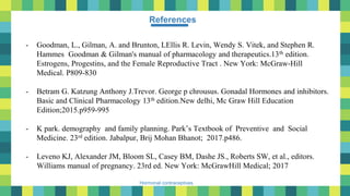 55
Hormonal contraceptives
References
- Goodman, L., Gilman, A. and Brunton, LEllis R. Levin, Wendy S. Vitek, and Stephen R.
Hammes Goodman & Gilman's manual of pharmacology and therapeutics.13th edition.
Estrogens, Progestins, and the Female Reproductive Tract . New York: McGraw-Hill
Medical. P809-830
- Betram G. Katzung Anthony J.Trevor. George p chrousus. Gonadal Hormones and inhibitors.
Basic and Clinical Pharmacology 13th edition.New delhi, Mc Graw Hill Education
Edition;2015.p959-995
- K park. demography and family planning. Park’s Textbook of Preventive and Social
Medicine. 23rd edition. Jabalpur, Brij Mohan Bhanot; 2017.p486.
- Leveno KJ, Alexander JM, Bloom SL, Casey BM, Dashe JS., Roberts SW, et al., editors.
Williams manual of pregnancy. 23rd ed. New York: McGrawHill Medical; 2017
 