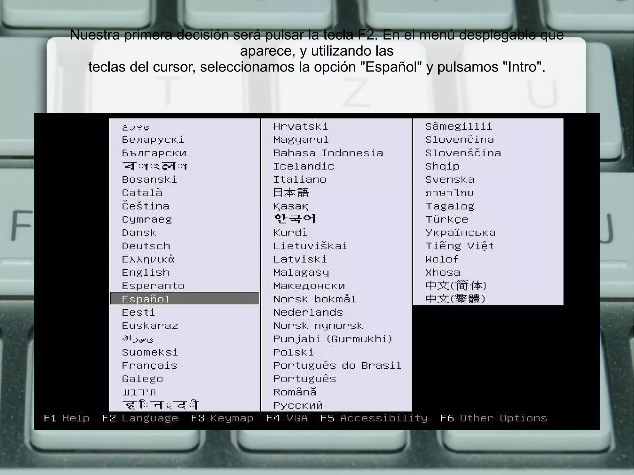 Nuestra primera decisión será pulsar la tecla F2. En el menú desplegable que aparece, y utilizando las teclas del cursor, seleccionamos la opción "Español" y pulsamos "Intro". 