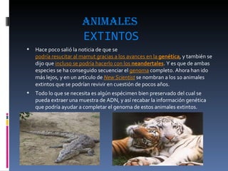 Animales  EXTINTOS Hace poco salió la noticia de que se  podría resucitar al mamut gracias a los avances en la  genética , y también se dijo que  incluso se podría hacerlo con los  neandertales . Y es que de ambas especies se ha conseguido secuenciar el  genoma  completo. Ahora han ido más lejos, y en un artículo de  New Scientist  se nombran a los 10 animales extintos que se podrían revivir en cuestión de pocos años. Todo lo que se necesita es algún espécimen bien preservado del cual se pueda extraer una muestra de ADN, y así recabar la información genética que podría ayudar a completar el genoma de estos animales extintos. 