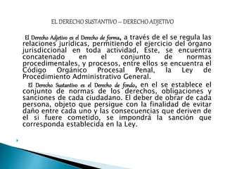 El Derecho Adjetivo es el Derecho de forma, a través de el se regula las
relaciones jurídicas, permitiendo el ejercicio del órgano
jurisdiccional en toda actividad, Este, se encuentra
concatenado en el conjunto de normas
procedimentales, y procesos, entre ellos se encuentra el
Código Orgánico Procesal Penal, la Ley de
Procedimiento Administrativo General.
El Derecho Sustantivo es el Derecho de fondo, en el se establece el
conjunto de normas de los derechos, obligaciones y
sanciones de cada ciudadano. El deber de obrar de cada
persona, objeto que persigue con la finalidad de evitar
daño entre cada uno y las consecuencias que deriven de
el si fuere cometido, se impondrá la sanción que
corresponda establecida en la Ley.

 