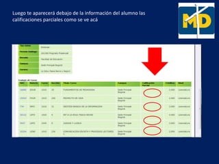 Luego te aparecerá debajo de la información del alumno las
calificaciones parciales como se ve acá
 