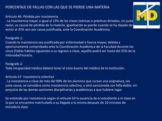 PORCENTAJE DE FALLAS CON LAS QUE SE PIERDE UNA MATERIA
Artículo 46- Pérdida por inasistencia
. La inasistencia mayor o igual al 15% de las clases teóricas o prácticas dictadas, sin justa
razón, es causal de pérdida de la materia; igualmente se pierde cuando se ha dejado de
asistir al 25% aún por causa justificada, ante la Coordinación Académica.
Parágrafo 1:
Cuando la inasistencia sea justificada por enfermedad o fuerza mayor, debida y
oportunamente comprobada ante la Coordinación Académica de la Facultad durante los
cinco (5)días hábiles siguientes a su regreso a clase, aquélla podrá ser hasta del 25% de la
intensidad horaria.
Parágrafo 2:
Toda incapacidad médica deberá tener el visto bueno del médico de la Institución.
Artículo 47- Inasistencia colectiva
. La inasistencia a clase de más del 90% de los alumnos que cursan una asignatura, sin
justa causa, se considera como inasistencia colectiva, y será sancionada con falla doble, sin
perjuicio de las demás sanciones disciplinarias y académicas a que hubiere lugar
Se entiende por inasistencia según el articulo 63 la ausencia de el estudiante a ni clase en
la que se encuentra matriculado a su llegada a la misma después de 10 minutos de
iniciada la clase
 