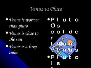 Venus vs Pluto Venus is wormer than pluto Venus is close to the sun Venus is a firey color Pluto’s colder than Venus Pluto is far far away from the sun Pluto is blue