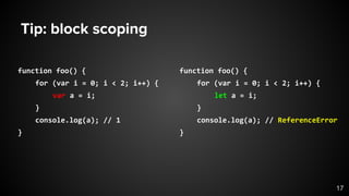 Tip: block scoping
function foo() {
for (var i = 0; i < 2; i++) {
var a = i;
}
console.log(a); // 1
}
function foo() {
for (var i = 0; i < 2; i++) {
let a = i;
}
console.log(a); // ReferenceError
}
17
 