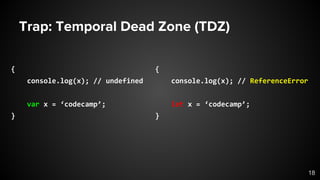 Trap: Temporal Dead Zone (TDZ)
{
console.log(x); // undefined
var x = ‘codecamp’;
}
{
console.log(x); // ReferenceError
let x = ‘codecamp’;
}
18
 