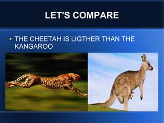 LET'S COMPARE
● THE CHEETAH IS LIGTHER THAN THE
KANGAROO
 