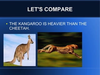LET'S COMPARE
● THE KANGAROO IS HEAVIER THAN THE
CHEETAH.
 