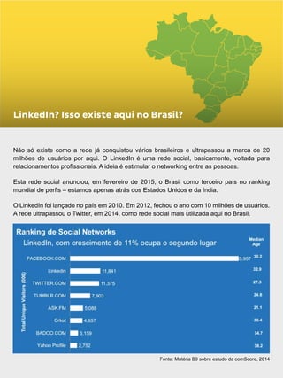 Não só existe como a rede já conquistou vários brasileiros e ultrapassou a marca de 20
milhões de usuários por aqui. O LinkedIn é uma rede social, basicamente, voltada para
relacionamentos profissionais. A ideia é estimular o networking entre as pessoas.
Esta rede social anunciou, em fevereiro de 2015, o Brasil como terceiro país no ranking
mundial de perfis – estamos apenas atrás dos Estados Unidos e da índia.
O LinkedIn foi lançado no país em 2010. Em 2012, fechou o ano com 10 milhões de usuários.
A rede ultrapassou o Twitter, em 2014, como rede social mais utilizada aqui no Brasil.
LinkedIn? Isso existe aqui no Brasil?
Fonte: Matéria B9 sobre estudo da comScore, 2014
 