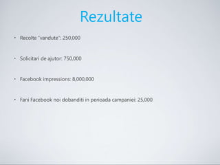 Rezultate
• Recolte “vandute”: 250,000
• Solicitari de ajutor: 750,000
• Facebook impressions: 8,000,000
• Fani Facebook noi dobanditi in perioada campaniei: 25,000
 