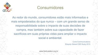 www.festivalabcr.org.br
Consumidores
Ao redor do mundo, consumidores estão mais informados e
mais empoderados do que nunca – com um grande senso de
responsabilidade sobre o impacto de suas decisões de
compra, mas também sobre sua capacidade de fazer
sacrifícios em suas próprias vidas para ampliar o impacto
social e ambiental.
Cone Communications
Ebiquity Global CSR Study 2015
 