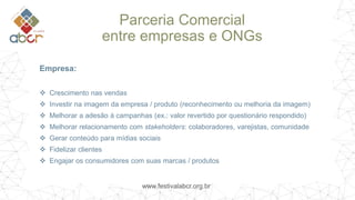 www.festivalabcr.org.br
Parceria Comercial
entre empresas e ONGs
Empresa:
 Crescimento nas vendas
 Investir na imagem da empresa / produto (reconhecimento ou melhoria da imagem)
 Melhorar a adesão à campanhas (ex.: valor revertido por questionário respondido)
 Melhorar relacionamento com stakeholders: colaboradores, varejistas, comunidade
 Gerar conteúdo para mídias sociais
 Fidelizar clientes
 Engajar os consumidores com suas marcas / produtos
 