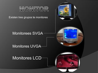 Existen tres grupos te monitores




   Monitorees SVGA


   Monitores UVGA


   Monitores LCD
 
