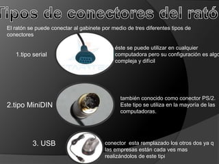 El ratón se puede conectar al gabinete por medio de tres diferentes tipos de
conectores

                                            éste se puede utilizar en cualquier
   1.tipo serial                            computadora pero su configuración es algo
                                            compleja y difícil




                                              también conocido como conector PS/2.
2.tipo MiniDIN                                Este tipo se utiliza en la mayoría de las
                                              computadoras.




          3. USB                        conector esta remplazado los otros dos ya q
                                        las empresas están cada ves mas
                                        realizándolos de este tipi
 