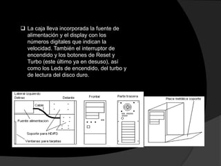  La caja lleva incorporada la fuente de
  alimentación y el display con los
  números digitales que indican la
  velocidad. También el interruptor de
  encendido y los botones de Reset y
  Turbo (este último ya en desuso), así
  como los Leds de encendido, del turbo y
  de lectura del disco duro.
 