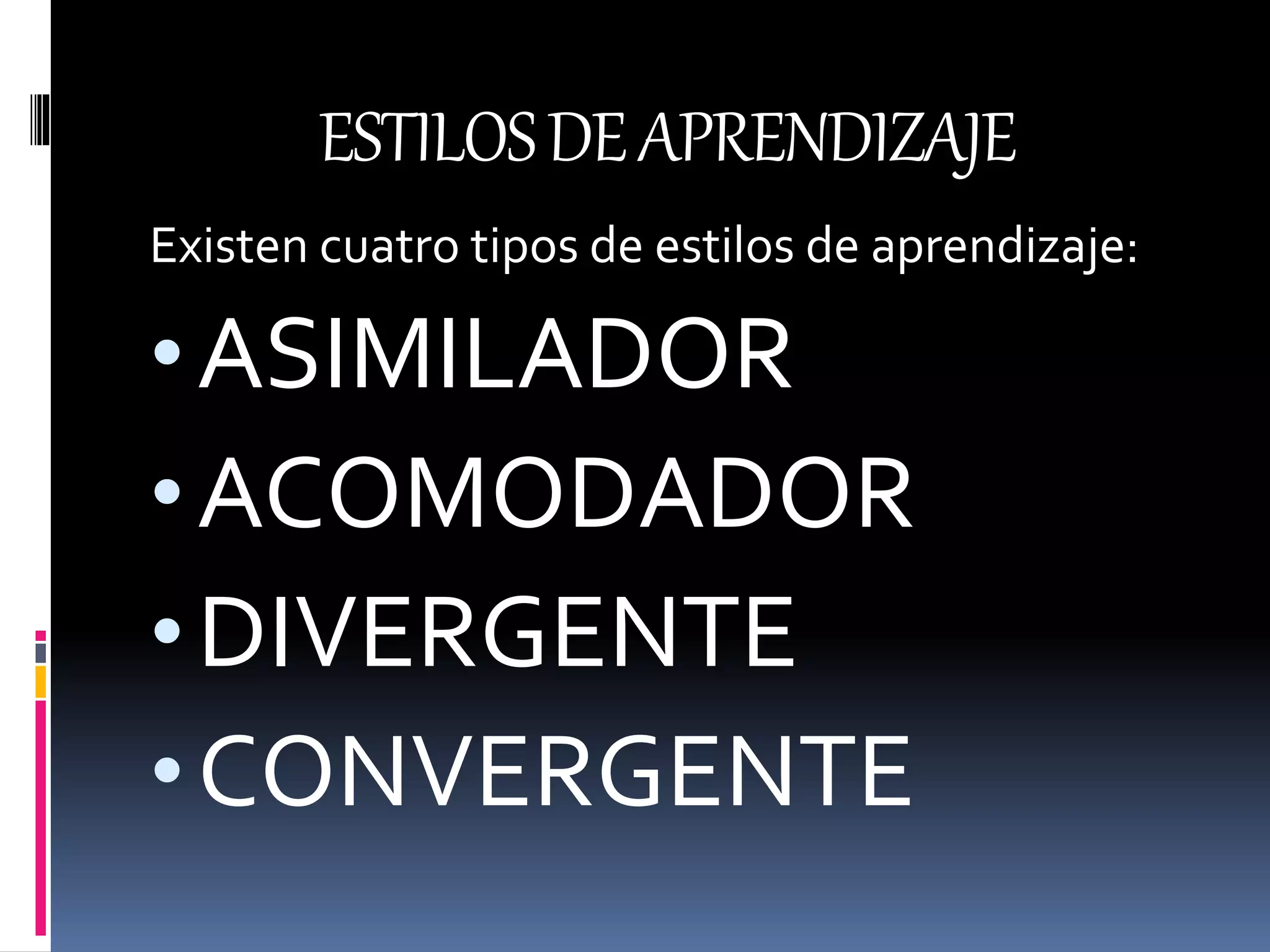 ESTILOSDEAPRENDIZAJE
Existen cuatro tipos de estilos de aprendizaje:
•ASIMILADOR
•ACOMODADOR
•DIVERGENTE
•CONVERGENTE
 