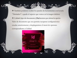  También podemos ocultar los paneles de herramientas con la tecla
“Tabulador” y queda el aspecto que vemos en la imagen inferior.
Calidad (tipo de documento) Obviaremos por ahora la opción
Valor de documento que nos permite recuperar configuraciones
creadas anteriormente y desplegaremos el menú de opciones
correspondiente a Calidad.