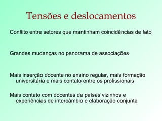 Tensões e deslocamentos Conflito entre setores que mantinham coincidências de fato Grandes mudanças no panorama de associações Mais inserção docente no ensino regular, mais formação universitária e mais contato entre os profissionais Mais contato com docentes de países vizinhos e experiências de intercâmbio e elaboração conjunta 