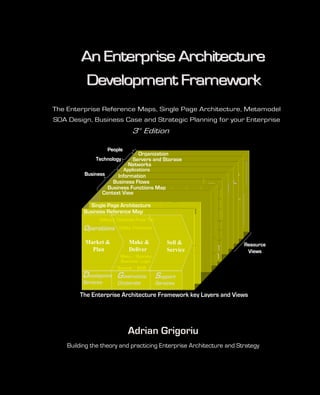 An Enterprise Architecture
          Development Framework
The Enterprise Reference Maps, Single Page Architecture, Metamodel
SOA Design, Business Case and Strategic Planning for your Enterprise
                                                                                                                         3rd Edition

                                                 People
                                                                                                             Organization
                    Technology                                                                             Servers and Unit 1
                                                                                                                L1 Org Storage
                                                                                                          Networks                                                                                                                                                                                                                             L1 Org Unit 2
                                                                                         Applications OU1.1
                                                                                                    L2
          Business                    Information        Server2                  L2 OU2.1 Server5
                                    Business Flows Node2              Server Cluster     Node5
                                                 Server1
                                                                                                                                                                                                 Qantas Airline                                                                                                                                                 Associated
                                                                                       App5
                                         Subject Area 1 App2 L2 OU1.2
                                                                                                                                                                                                                                                                                                                                                                  Services

                                  Business Functions MapSubject Area 2
                                               Node1
                                                                        Market                                                              Sell                                                                             Service                                                               Deliver/Operate



                                Context ViewView
                                   ContextApp11.1
                                                                                                                                                                                                                                                                                                                                                                Holidays

                                                                       Virtual                               Sales                                                                                    Customer                                Customer


                                                             Entity 2.1 Node42.2
                                                                                                                                                                                                      Service                                                                              Ground                       In-flight
                                                                     Marketing                               Management                                Qantas Airline
                                                                                                                                                                                                                                             Relationship


                                Context View
                                                                                                                                                                                                                                                                                                                        Service Associated

                                          Entity                            Entity
                                                                                                                                                                                                      Management                                                                           Operations



                                                                                                                                                                                                                                                                                                              Srver1 Org Unit 3
                                                                                                                                                                                                                                                                                                               App4 L1
                                                                                                                                                                                                                                             Management
                                                                                                                                                                                                                                                                                                                                         Services
                                                                                                                                                                           & Maintenance




                                          Market                                                      Sell                                                                                      Service
                                                                                                                                                                                                                                                             Deliver/Operate
                                                                                                                                                                                                                                                                                                                                                                Catering

                                   Server3
                                                                     Develop                                                                                            Customer                           Enterprise                                                                                                                   Holidays
                                                                           Sales                                                                                                                            Customer                               Ground                Deliver/Operate
                                                                                                                                                                                                                                                                                                  In-flight
                                        Marketing                    /Plan Management                                                                                                                      Functions

            Single Page Architecture
                                                                                                                                                                        Service                            Relationship

                                                                                                                                                                                                                                                                    L2 OU3.1
                                                                                                                                                                        Management                                                                 Operations                                     Service
                                                                                                                                                                           Engineering




                                                                                                                                                                                                          Management

                           Entity 1.2
                                Node3                                                                                                                                                                                                             Entity 2.3Virtual
                                                                                                                                                                                                                                                                 Entity 2.4
                                                                                                                                                                                                                                                                                      Operations



                                                                    Product                               Yield                                             Reservations                                                                                                                          Operations


          Business Reference Map App3
                                                                  Development                             Management                                          Ticketing                                                                                                                            Logistics
                                                                                                                                                                                                                                                                                                                                                          Holidays
                                                                                                                                                                                                                                                                                                                                        Catering                 Freight
                                                                                                                                                                                                                                                                                                                     Catering


                Environment             Develop
                                    Campaign                  Customers
                                                                                                                 QF                         Customer
                                                                                                                                                                  Enterprise
                                                                                                                                                                          Contact                                Customer                                     Boarding                Flights              Pax            I-Flight




                                                                                                                                                                                                                                                            Srver2
                                                                                                              Intranet                       Centres                      Centre                                                       Check-in
                  Analysis         Management                 Acquisition                                                                                                                                         Service                                      Gates                  Display            Services         Service
                                        /Plan                                                                                                                     Functions

                                                                                                                                                                                                                                                                  Node6
                                                                                                                                                                                                                                  Loyalty
                                                                                                               Freight




                                                                     Schedule
                                                                                                                                                                                                                                                                                      Airport




                                                                  Management
                                                                                                                                                                                                                                                                                                                                                                                  L2 OU3.2
                                                          Airline




                               Delivery Channels Front Tier
                                       Product                         Yield                                  Reservations                                                                                                                                  Operations

                                                                                                                                                                                                                                                                                                                     App6
                                     Market                     Brand                                                                                                                                                                                                                                     Bags




                                                                                                                                                                                                                                                                                                                                                                                  Server7
                                  Segmentation                 Mngment                                                                                                                                                                                                                                   Services
                                                                                                                                                                                    Sales                  CRM

                                     Development                       Management                                Ticketing                                                                                                                                   Logistics


                                                                                                                                                                                                                                       Subject Area 3
                                                                                                                                                                                                                                                                                                                                        Freight
                                                                                                                                                                                                                                                                                                                                                             Engineering/
                                                                                                                                                                        Crew Management                                                                                                                                                                      Maintenance



          Operations
                                                                                                                                                                                                                                                                                                         Manage
                                        Schedule                                                                                                                                                                                                                                                         Lounge



                                     Management
                                                                                   Utility Functions
                                                                                            ...                                                                                                                                                                                                                                                                             Node7
                                                                                                                                                                                                                                                  Entity 3.1
                     Fleet                                     Product                                                    Content                                                    Business                  User
                   Planning                                   Development                                                Mngement                                                     Flows                Identification




                                                                     Planning &
                                                                     Negotiation
                                                                                                           Payment
                                                                                                          Management Management
                                                                                                                Crew
                                                                                                                                                                                                                                                                                                Crew Comms/
                                                                                                                                                                                                                                                                                                Performance                          Engineering/
                                                                                                                                                                                                                                                                                                                                     Maintenance               App7  Loyalty


                                                                                                                                                                                                                                                                                                            Pax
                                                                                                                                 Yield                                      Reservations                    Ticketing                         Departure                                                   Comms
                                                                                                                             Optimisation                                   Management                      Mngment                          Management




          Market &                      Planning &
                                        Negotiation
                                                                               Corporate
                                                                                 Payment
                                                                                  Management
                                                                                                           Make & Services &
                                                                                                                Group   Sell
                                                                                                                        Entity 3.2                                            Inventory
                                                                                                                                                                              Mngment
                                                                                                                                                                                                                                                   Crew Group Services
                                                                                                                                                                                                                                                        Comms/
                                                                                                                                                                                                                                                   Performance
                                                                                                                                                                                                                                              OpSched
                                                                                                                                                                                                                                             & Disruption
                                                                                                                                                                                                                                                                                                            Flight
                                                                                                                                                                                                                                                                                                          Planning
                                                                                                                                                                                                                                                                                                                                              Loyalty

                                                                                                                                                                                                                                                                                                                                                                                             Resource
                                                                                   CEO Office                                                   Risk &                                                Security                                    Safety
                                                                                                                                                                                                                                             Control:IOC
                                                                                                                                                                                                                                                                                           BI &                                      Finance                           Property

            Plan                  Schedule
                                 Development




                                                  Corporate
                                                               Schedule/GDI
                                                                Distribution
                                                                                      Legal
                                                                                              Reporting
                                                                                              Warehouse
                                                                                                           Deliver      Service                 Assurance

                                                                                                                                                            Revenue
                                                                                                                                                           Accounting
                                                                                                                                                                                                          Payment
                                                                                                                                                                                                          Mngment
                                                                                                                                                                                                                            Group Services
                                                                                                                                                                                                                                                                                           Reporting

                                                                                                                                                                                                                                                                                                          Load
                                                                                                                                                                                                                                                                                                         Control
                                                                                                                                                                                                                                                                                                                                                                                              Views
                                                                                                                                                Enterprise IT                                     Fuel                             Procurement                                                     Payroll                           People                           ...

                                      Crew Bidding
                                                       CEO Office
                                                          Legal
                                                                                    Make / Operate
                                                                                  Communi
                                                                                  cations
                                                                                                Corporate Risk &
                                                                                                          Assurance
                                                                                                                                                                        Security
                                                                                                                                                                                                  Management
                                                                                                                                                                                                        Safety
                                                                                                                                                                                                                                                   BI &
                                                                                                                                                                                                                                                                                                         Finance                               Property


                                                                                    Business Logic
                                                                                                                                                                                                                                                   Reporting                                              Meal
                                                                                                                                                                                                                                                                                                         Ordering




                 Crew #              Work Planning                 CrewPlanning                                                                                                                                                              Crew
              Long Range Pl          Pattern/Pairing                 Rostering                                                                                                                                                              Tracking

                                                                                                          Enterprise IT                                     Fuel                                      Procurement                                            Payroll                                     People
                                                                                                                                                                                                                                                                                                                                               ...

                                                                               Source / B2B
                                                       Communi                                                                                              Management
                                                       cations




         Developmnt Governance Support
               Fuel Planning
                                                                                                                                                                                                                                          Crew Perform
                                                                                                                                                                                                                                            Mngment




         Services
                                                                                                                                                                                                                                             Crew                          Airlines




                                                                               Corporate
               Agreements                                                                                                                                                                                                                   Comms                          Comms




                                                                                                                                                                                                          Services
                Negotiation




        The Enterprise Architecture Framework key Layers and Views




                                                                                                          Adrian Grigoriu
    Building the theory and practicing Enterprise Architecture and Strategy
 