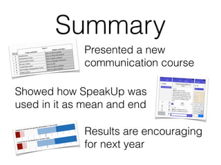 Summary
Presented a new
communication course
Showed how SpeakUp was
used in it as mean and end
Results are encouraging
for next year
 