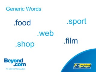 Generic Words

  .food            .sport
           .web
   .shop          .film
 