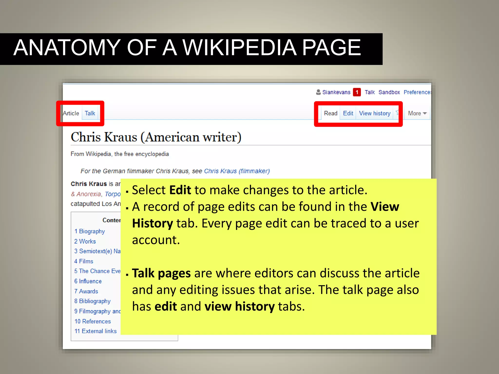 ANATOMY OF A WIKIPEDIA PAGE
 Select Edit to make changes to the article.
 A record of page edits can be found in the View
History tab. Every page edit can be traced to a user
account.
 Talk pages are where editors can discuss the article
and any editing issues that arise. The talk page also
has edit and view history tabs.
 