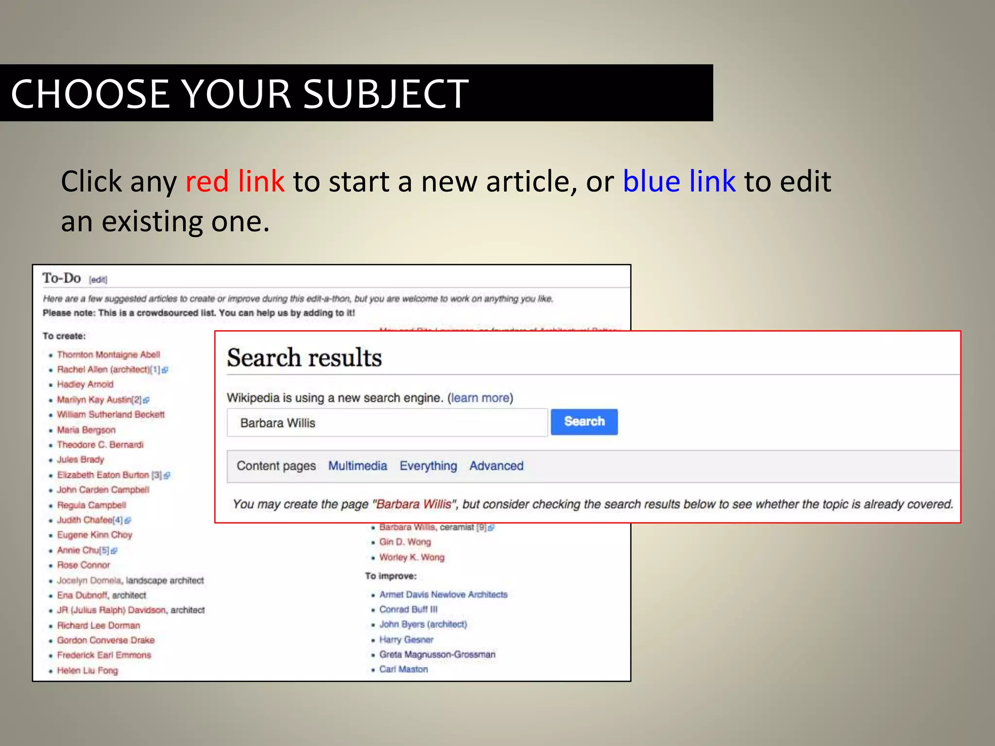 Click any red link to start a new article, or blue link to edit
an existing one.
CHOOSE YOUR SUBJECT
 