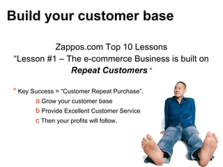 6. Focus on Building Customer Base
Zappos.com Top 10 Lessons
“Lesson #1 – The e-commerce Business is built on
Repeat Customers “
* Key Success = “Customer Repeat Purchase”.
a Grow your customer base
b Provide Excellent Customer Service
c Then your profits will follow.
Build your customer base
 