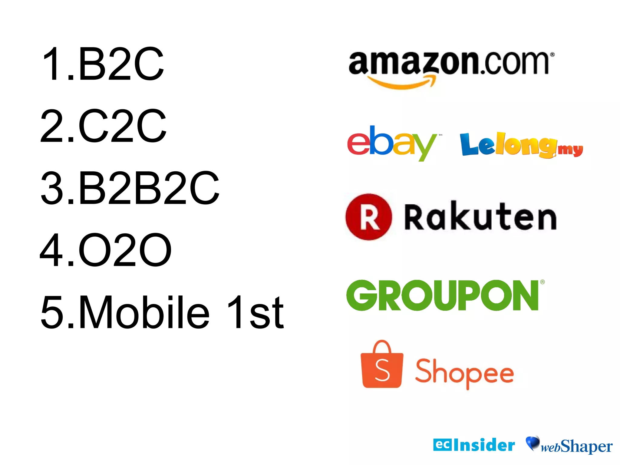 1.B2C
2.C2C
3.B2B2C
4.O2O
5.Mobile 1st
 