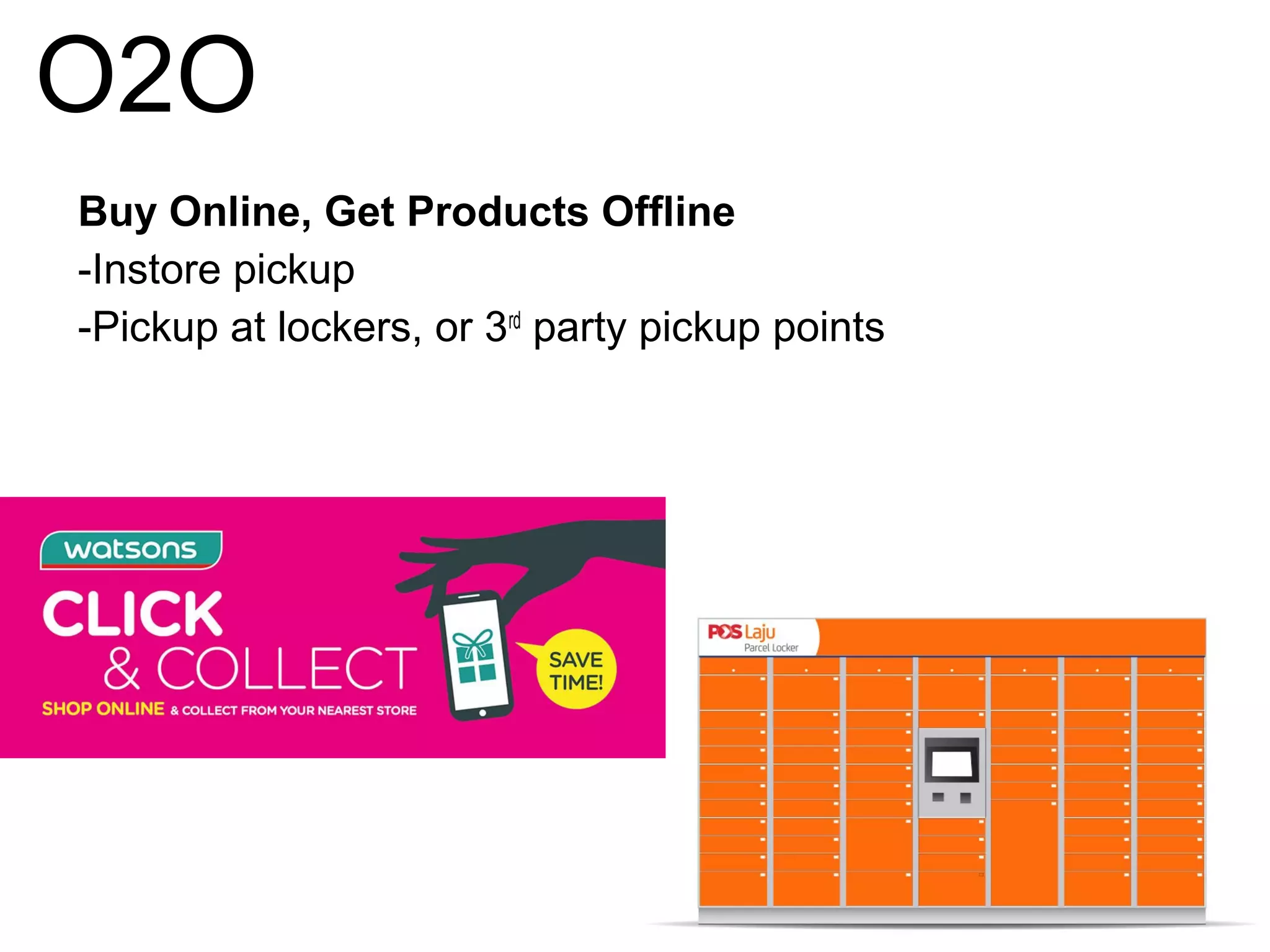 O2O
Buy Online, Get Products Offline
-Instore pickup
-Pickup at lockers, or 3rd
party pickup points
 