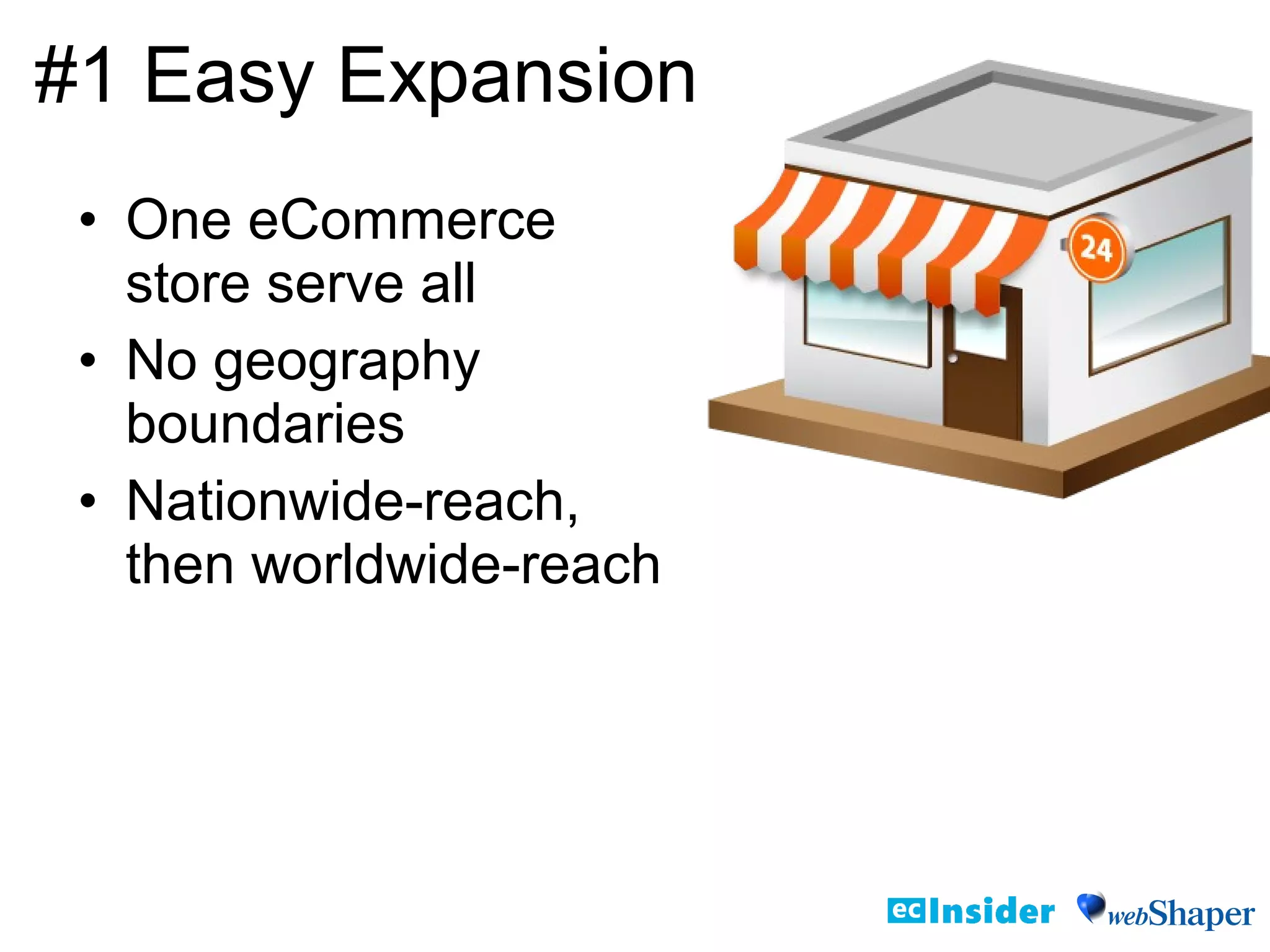 • One eCommerce
store serve all
• No geography
boundaries
• Nationwide-reach,
then worldwide-reach
#1 Easy Expansion
 