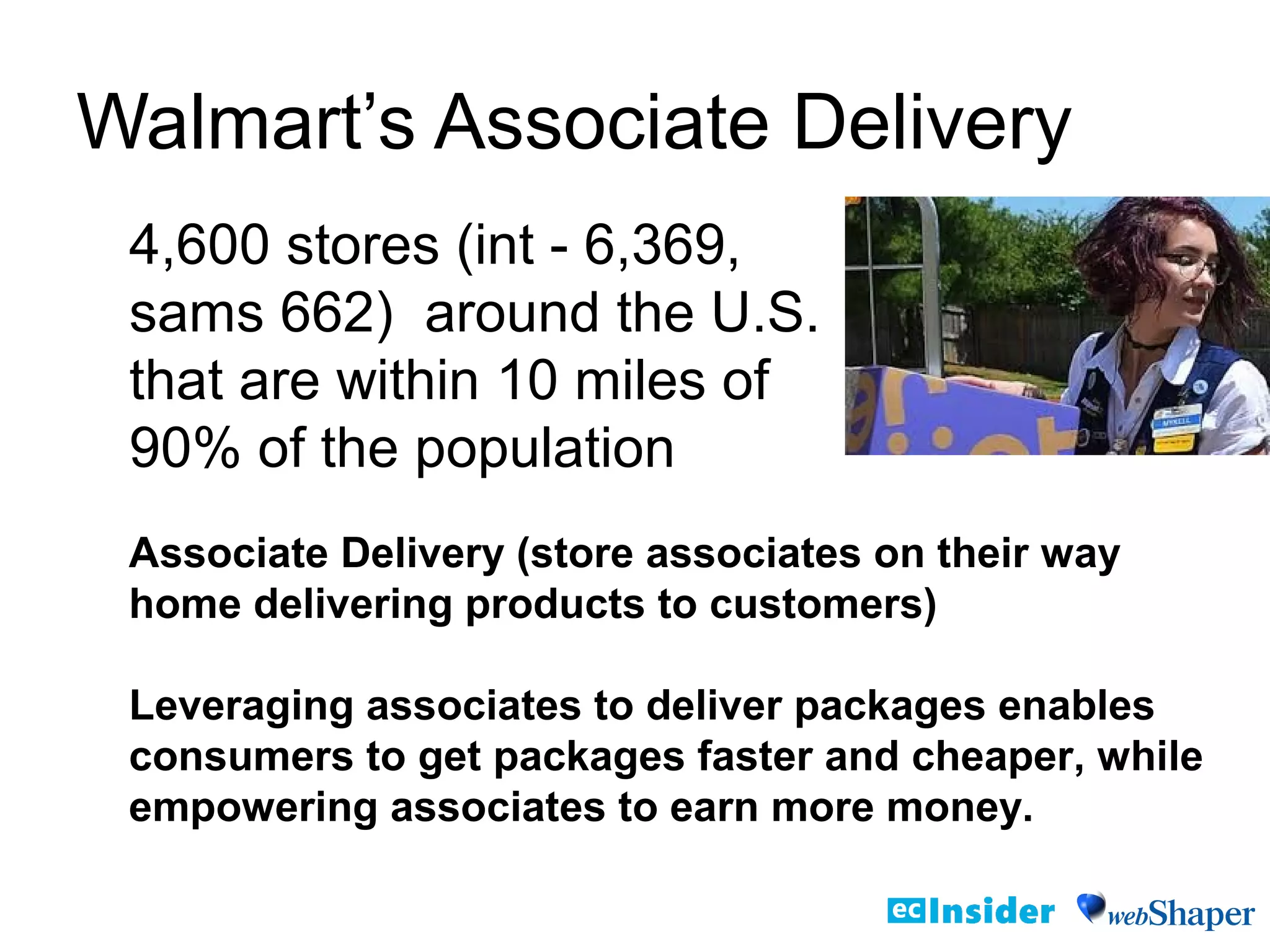 Walmart’s Associate Delivery
4,600 stores (int - 6,369,
sams 662) around the U.S.
that are within 10 miles of
90% of the population
Associate Delivery (store associates on their way
home delivering products to customers)
Leveraging associates to deliver packages enables
consumers to get packages faster and cheaper, while
empowering associates to earn more money.
 