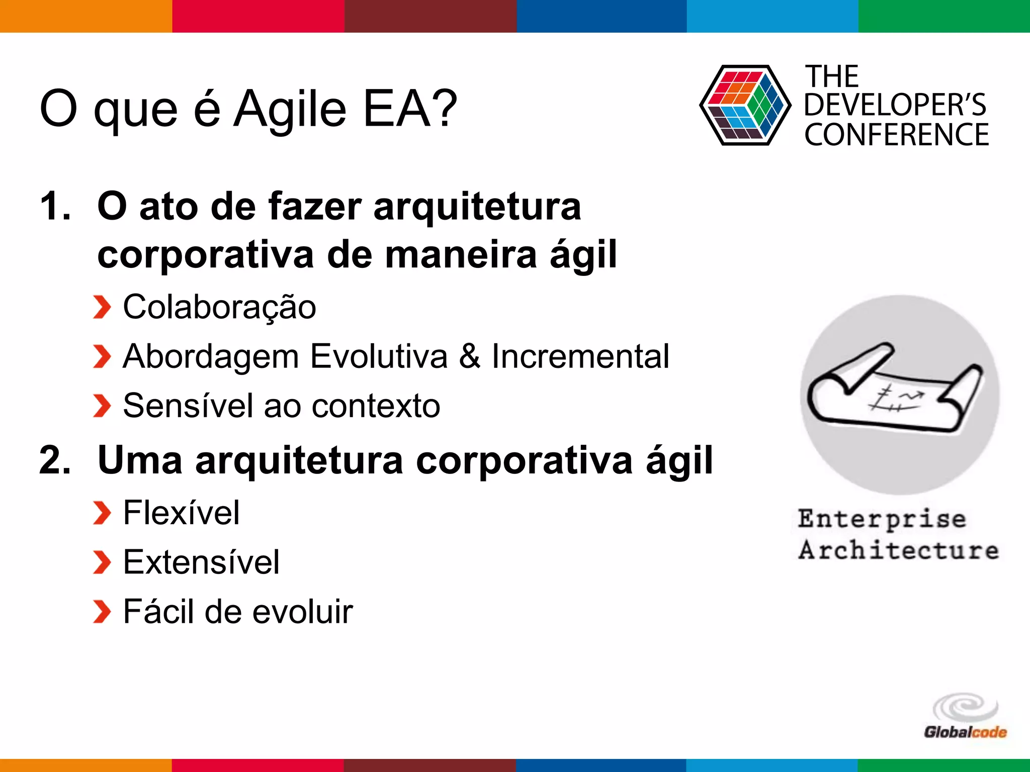 Globalcode – Open4education
O que é Agile EA?
1. O ato de fazer arquitetura
corporativa de maneira ágil
Colaboração
Abordagem Evolutiva & Incremental
Sensível ao contexto
2. Uma arquitetura corporativa ágil
Flexível
Extensível
Fácil de evoluir
 