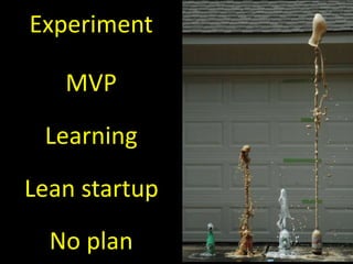 Experiment
MVP
Learning
Lean startup
No plan
 