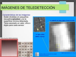 IMÁGENES DE TELEDETECCIÓN
Características de las imágenes:
Están divididas en pequeños
recuadros(pixeles) y es la
superficie mínima detectada.
Tiene asociado un valor, cifra o
dígito para cada sensor.
 