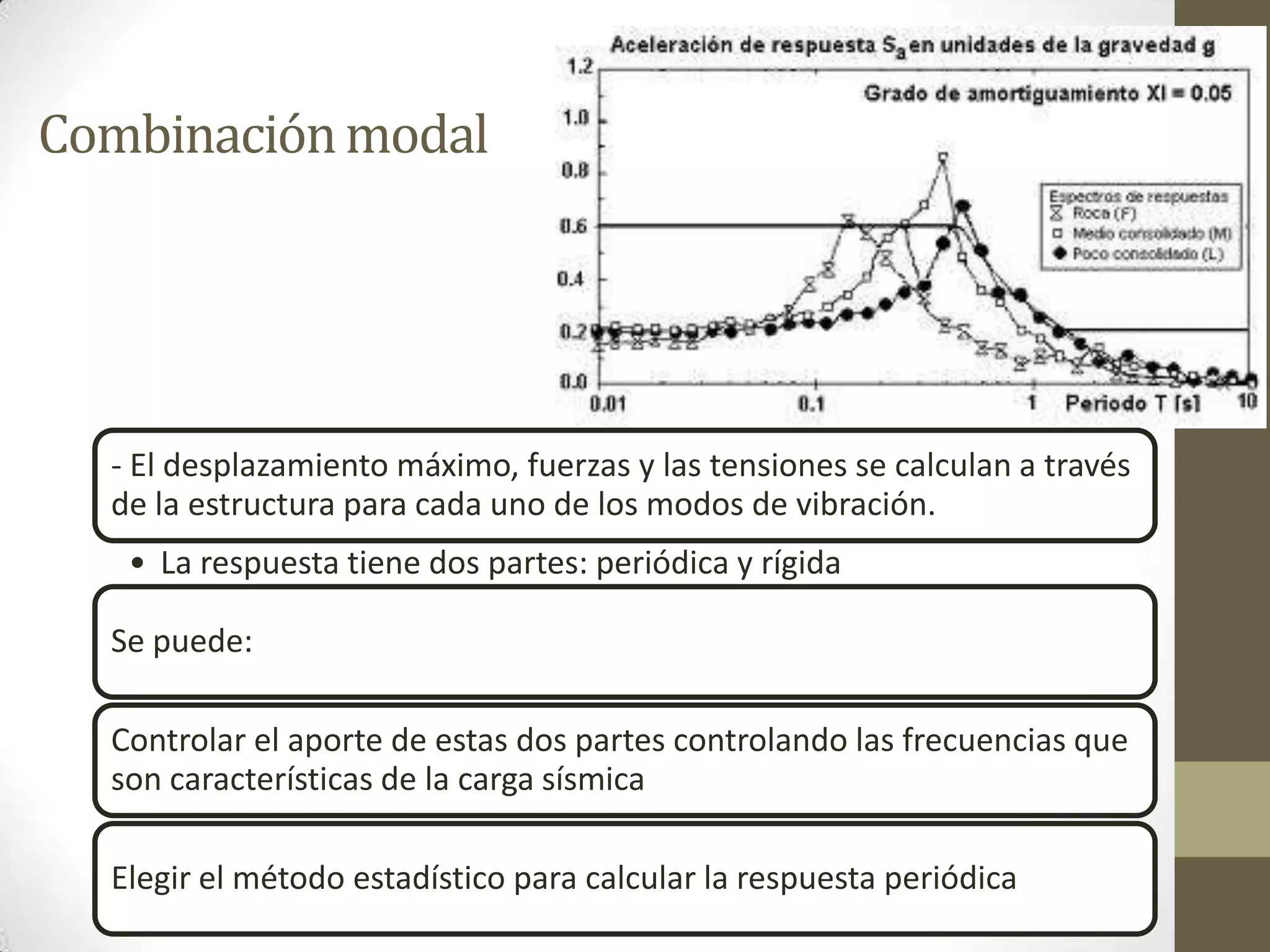 Combinación modal

- El desplazamiento máximo, fuerzas y las tensiones se calculan a través
de la estructura para cada uno de los modos de vibración.
• La respuesta tiene dos partes: periódica y rígida
Se puede:
Controlar el aporte de estas dos partes controlando las frecuencias que
son características de la carga sísmica
Elegir el método estadístico para calcular la respuesta periódica

 