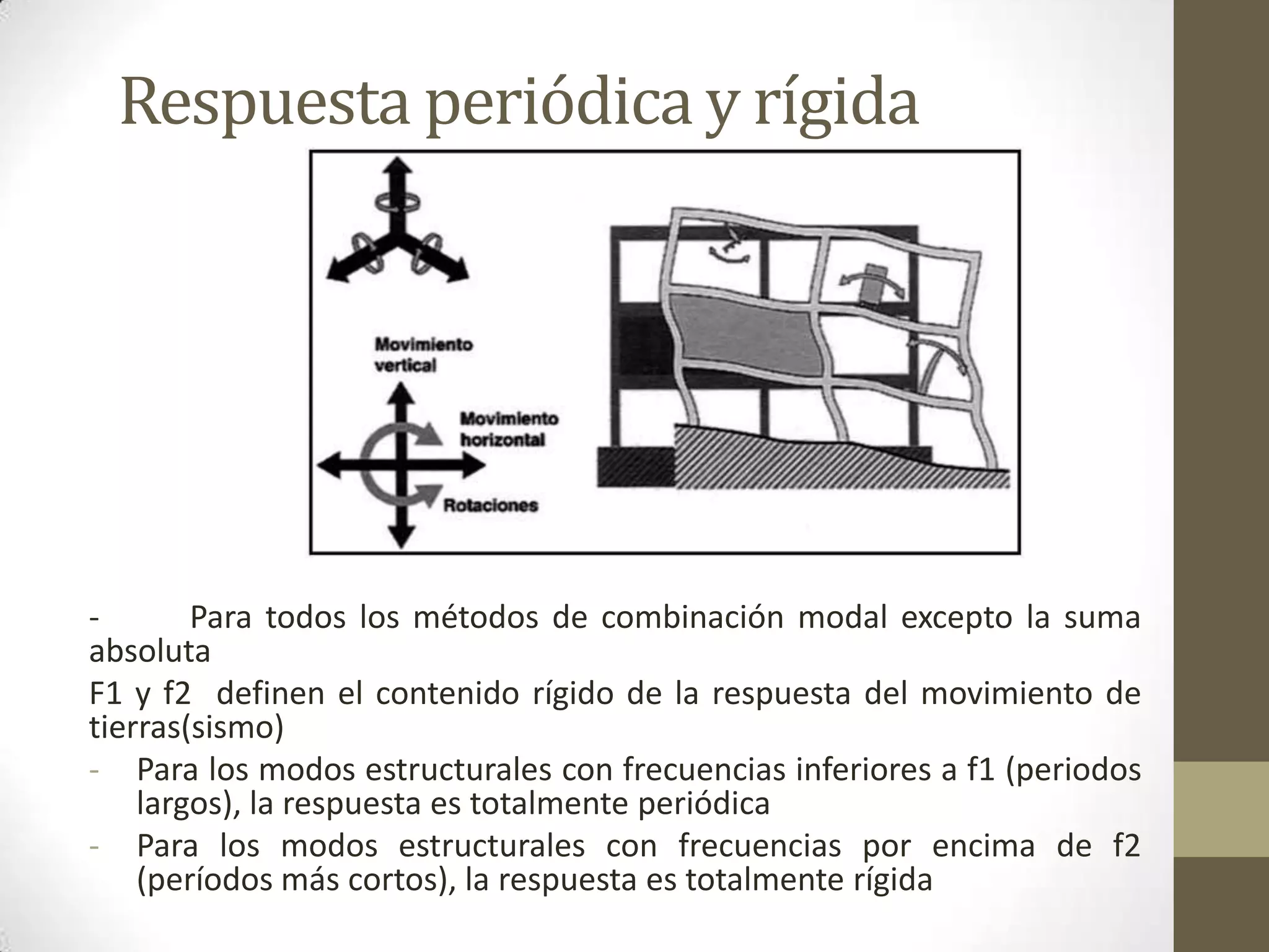 Respuesta periódica y rígida

Para todos los métodos de combinación modal excepto la suma
absoluta
F1 y f2 definen el contenido rígido de la respuesta del movimiento de
tierras(sismo)
- Para los modos estructurales con frecuencias inferiores a f1 (periodos
largos), la respuesta es totalmente periódica
- Para los modos estructurales con frecuencias por encima de f2
(períodos más cortos), la respuesta es totalmente rígida

 