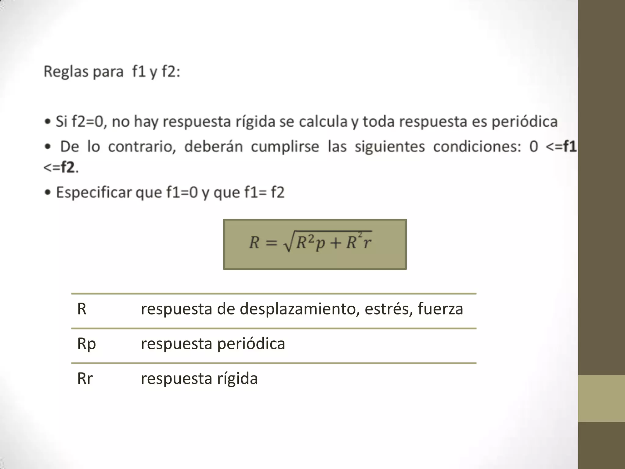 R

respuesta de desplazamiento, estrés, fuerza

Rp

respuesta periódica

Rr

respuesta rígida

 