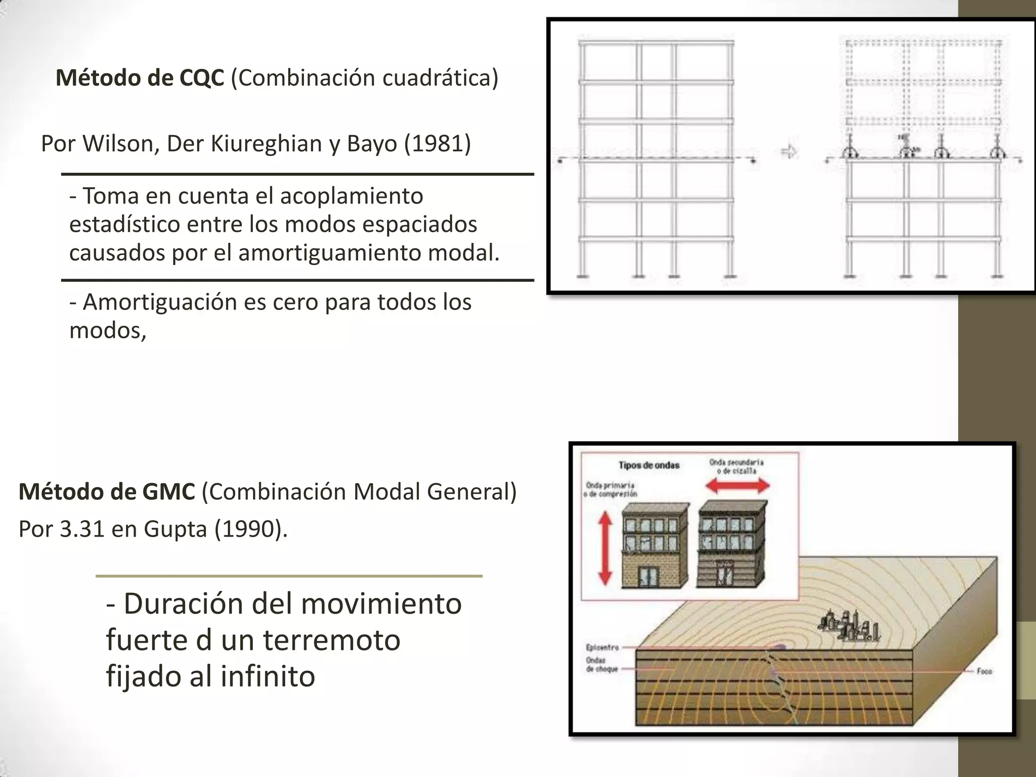 Método de CQC (Combinación cuadrática)
Por Wilson, Der Kiureghian y Bayo (1981)
- Toma en cuenta el acoplamiento
estadístico entre los modos espaciados
causados por el amortiguamiento modal.
- Amortiguación es cero para todos los
modos,

Método de GMC (Combinación Modal General)
Por 3.31 en Gupta (1990).

- Duración del movimiento
fuerte d un terremoto
fijado al infinito

 