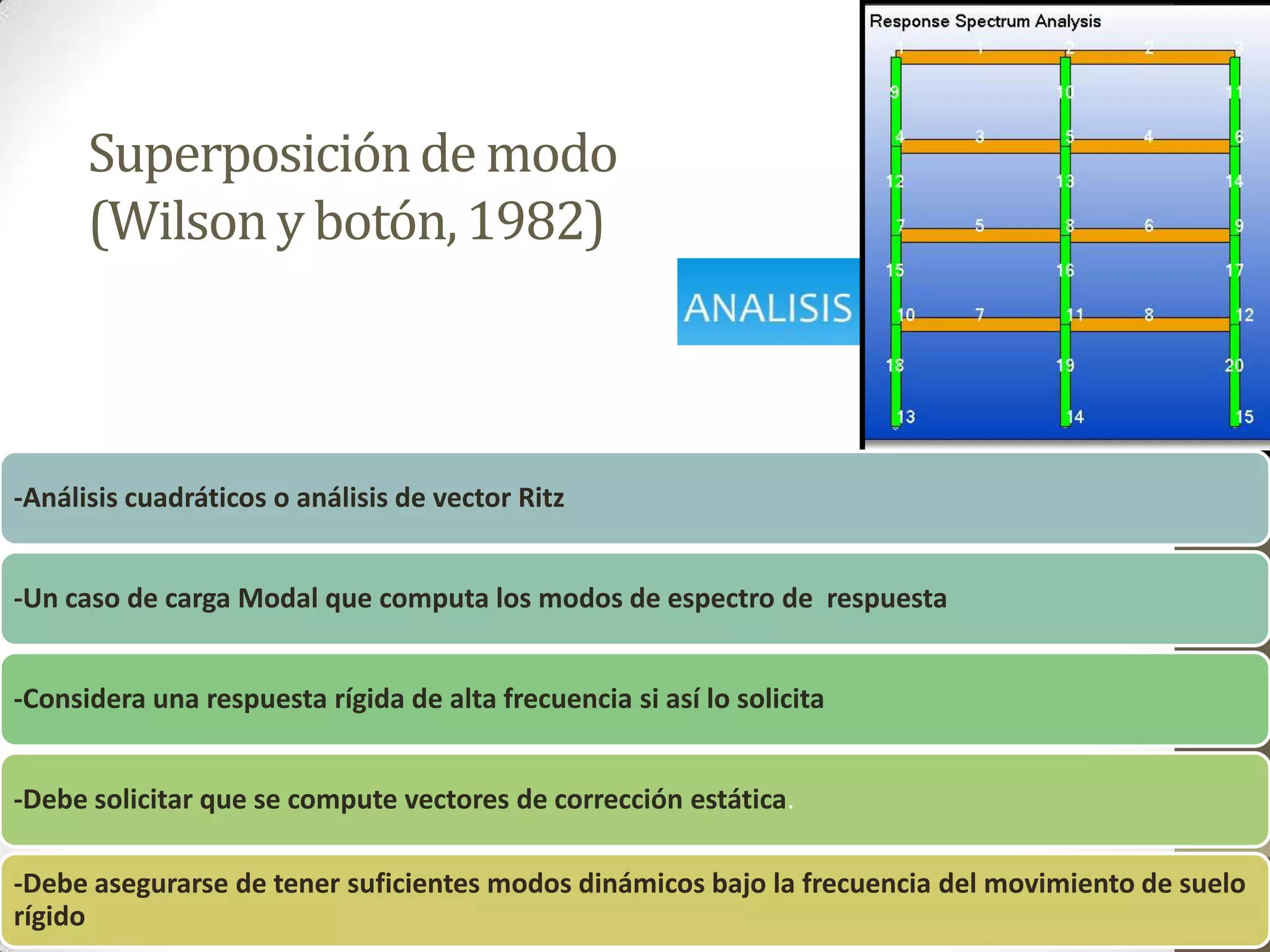 Superposición de modo
(Wilson y botón, 1982)

-Análisis cuadráticos o análisis de vector Ritz
-Un caso de carga Modal que computa los modos de espectro de respuesta
-Considera una respuesta rígida de alta frecuencia si así lo solicita
-Debe solicitar que se compute vectores de corrección estática.
-Debe asegurarse de tener suficientes modos dinámicos bajo la frecuencia del movimiento de suelo
rígido

 