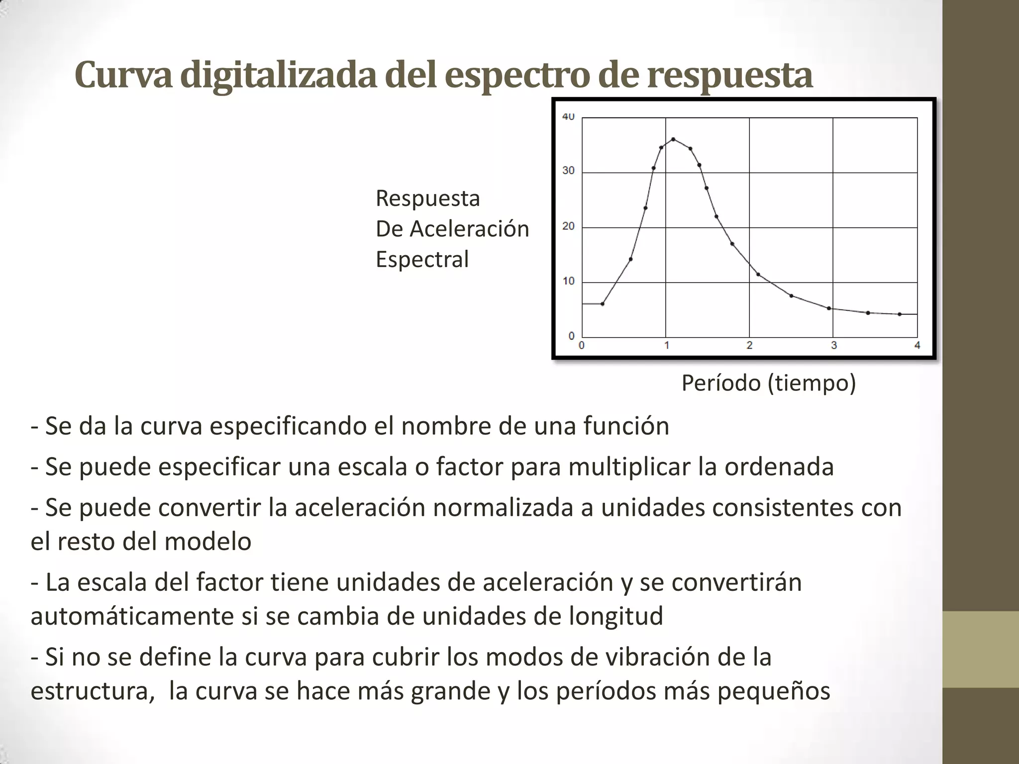 Curva digitalizada del espectro de respuesta
Respuesta
De Aceleración
Espectral

Período (tiempo)

- Se da la curva especificando el nombre de una función
- Se puede especificar una escala o factor para multiplicar la ordenada
- Se puede convertir la aceleración normalizada a unidades consistentes con
el resto del modelo
- La escala del factor tiene unidades de aceleración y se convertirán
automáticamente si se cambia de unidades de longitud
- Si no se define la curva para cubrir los modos de vibración de la
estructura, la curva se hace más grande y los períodos más pequeños

 