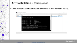 Classification: //Secureworks/Public Use:© SecureWorks, Inc.
14
• PERSISTENCE USING UNIVERSAL WINDOWS PLATFORM APPS (APPX)
APT Installation – Persistence
 