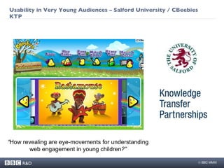 Usability in Very Young Audiences – Salford University / CBeebies KTP “ How revealing are eye-movements for understanding web engagement in young children ?” 