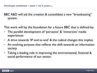 Strategic ambition – next 1 to 5 years… BBC R&D will aid the creation & consolidate a new “broadcasting” system.  This work will lay the foundation for a future BBC that is defined by: The parallel development of ‘pervasive’ & ‘immersive’ media experiences A drive towards 'IP end to end’ & the radical changes this implies An evolving purpose that reflects the shift towards an information society Taking a leading role in improving the environmental, financial & social performance of our sector.  