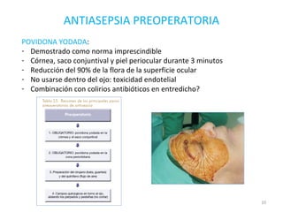 ANTIASEPSIA PREOPERATORIA
POVIDONA YODADA:
- Demostrado como norma imprescindible
- Córnea, saco conjuntival y piel periocular durante 3 minutos
- Reducción del 90% de la flora de la superficie ocular
- No usarse dentro del ojo: toxicidad endotelial
- Combinación con colirios antibióticos en entredicho?
10
 