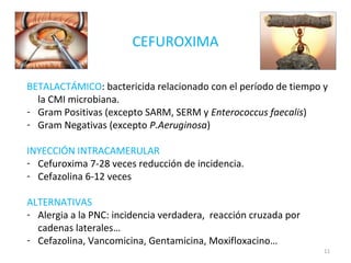CEFUROXIMA
BETALACTÁMICO: bactericida relacionado con el período de tiempo y
la CMI microbiana.
- Gram Positivas (excepto SARM, SERM y Enterococcus faecalis)
- Gram Negativas (excepto P.Aeruginosa)
INYECCIÓN INTRACAMERULAR
- Cefuroxima 7-28 veces reducción de incidencia.
- Cefazolina 6-12 veces
ALTERNATIVAS
- Alergia a la PNC: incidencia verdadera, reacción cruzada por
cadenas laterales…
- Cefazolina, Vancomicina, Gentamicina, Moxifloxacino…
11
 