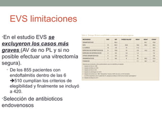 EVS limitaciones
•En el estudio EVS se
excluyeron los casos más
graves (AV de no PL y si no
posible efectuar una vitrectomía
segura).
• De los 855 pacientes con
endoftalmitis dentro de las 6
510 cumplían los criterios de
elegibilidad y finalmente se incluyó
a 420.
•Selección de antibioticos
endovenosos
 