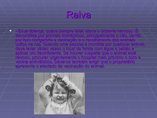 Raiva - Essa doença, quase sempre fatal, ataca o sistema nervoso. É transmitida por animais domésticos, principalmente o cão, sendo por isso obrigatória a vacinação e o recolhimento dos animais soltos na rua. Quando uma pessoa é mordida por qualquer animal, deve lavar várias vezes o local da ferida com água e sabão e aplicar um desinfetante. Se houver suspeita que o animal está raivoso, procurar urgentemente o hospital mais próximo o soro e vacina anti-rábicos. Deve-se também exigir que o proprietário apresente o atestado de vacinação do animal.  