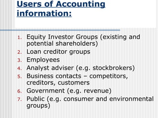 Users of Accounting information: Equity Investor Groups (existing and potential shareholders) Loan creditor groups Employees Analyst adviser (e.g. stockbrokers) Business contacts – competitors, creditors, customers Government (e.g. revenue) Public (e.g. consumer and environmental groups) 