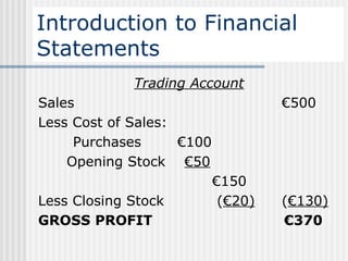 Introduction to Financial Statements Trading Account Sales €500 Less Cost of Sales: Purchases €100 Opening Stock  €50 € 150 Less Closing Stock    ( €20) ( €130) GROSS PROFIT   €370 