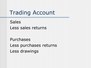 Trading Account Sales Less sales returns Purchases  Less purchases returns Less drawings 